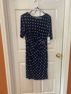 Jessica Howard Navy and White Polka Dot Midi Dress with Buckle Detail